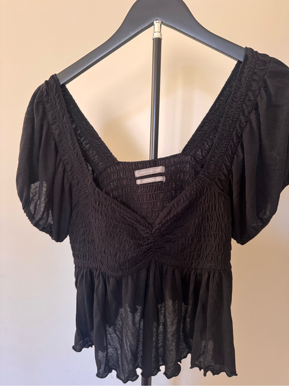 Urban Outfitters Black Smocked Peplum Puff-Sleeve Top